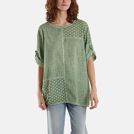 Mizumi Stone Wash Patchwork Sparkle Round Neck Top (Size S-M, 8 to 12) - Green