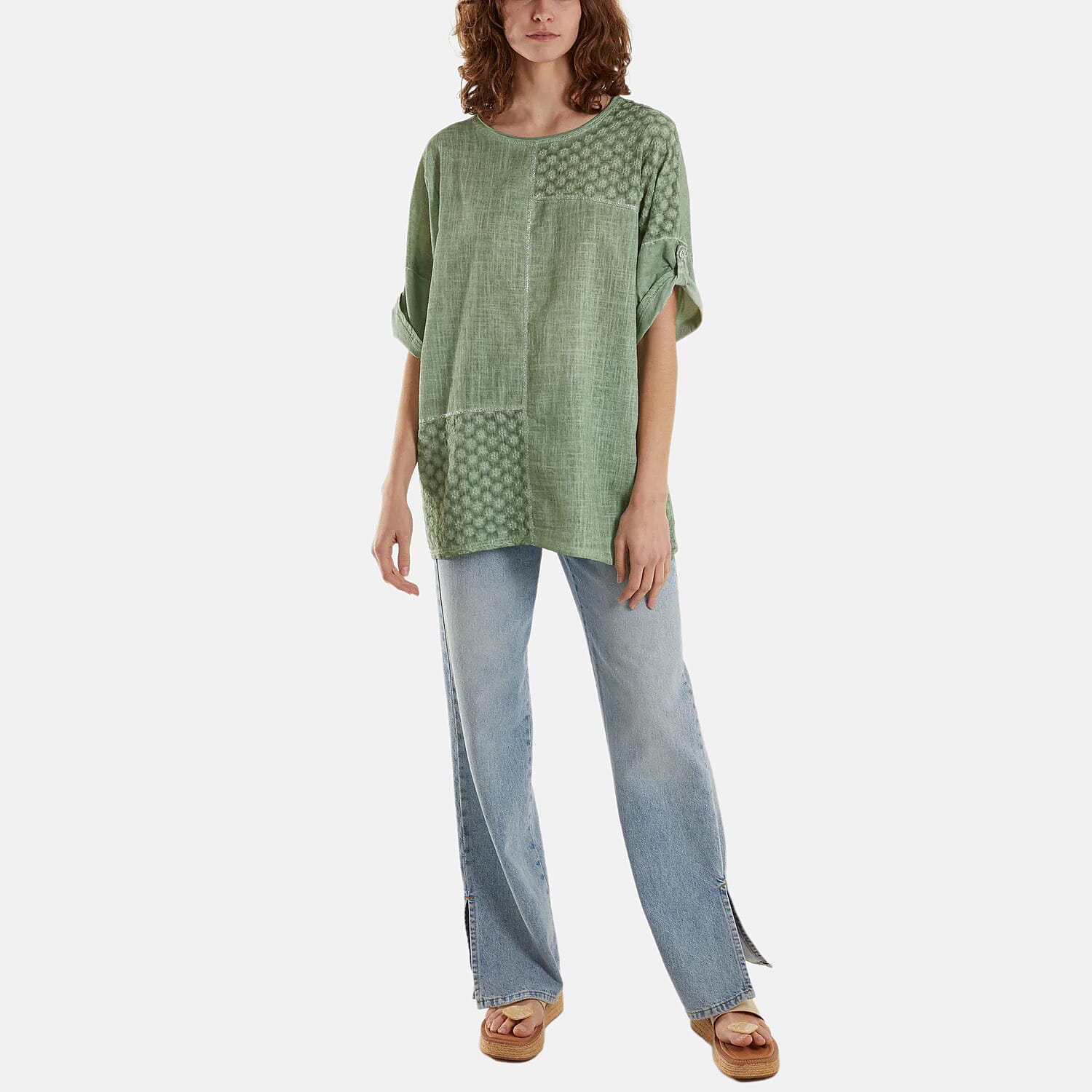 Mizumi Stone Wash Patchwork Sparkle Round Neck Top (Size S-M, 8 to 12) - Green