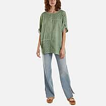 Mizumi Stone Wash Patchwork Sparkle Round Neck Top (Size S-M, 8 to 12) - Green