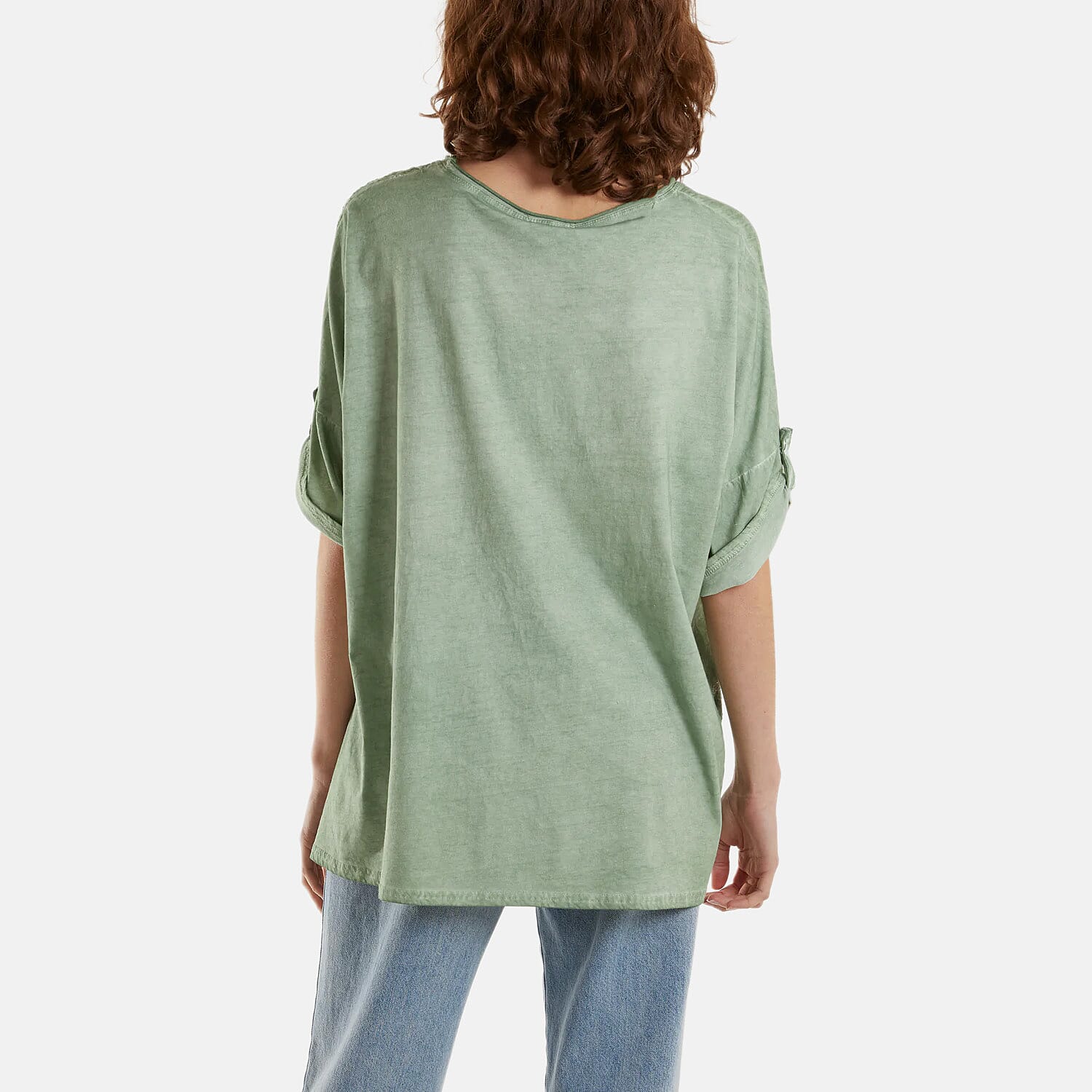 Mizumi Stone Wash Patchwork Sparkle Round Neck Top (Size S-M, 8 to 12) - Green