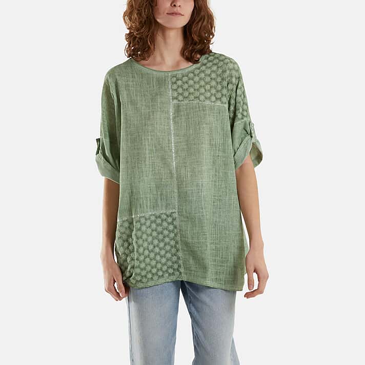 Mizumi Stone Wash Patchwork Sparkle Round Neck Top (Size M-L, 14 to 18) - Green
