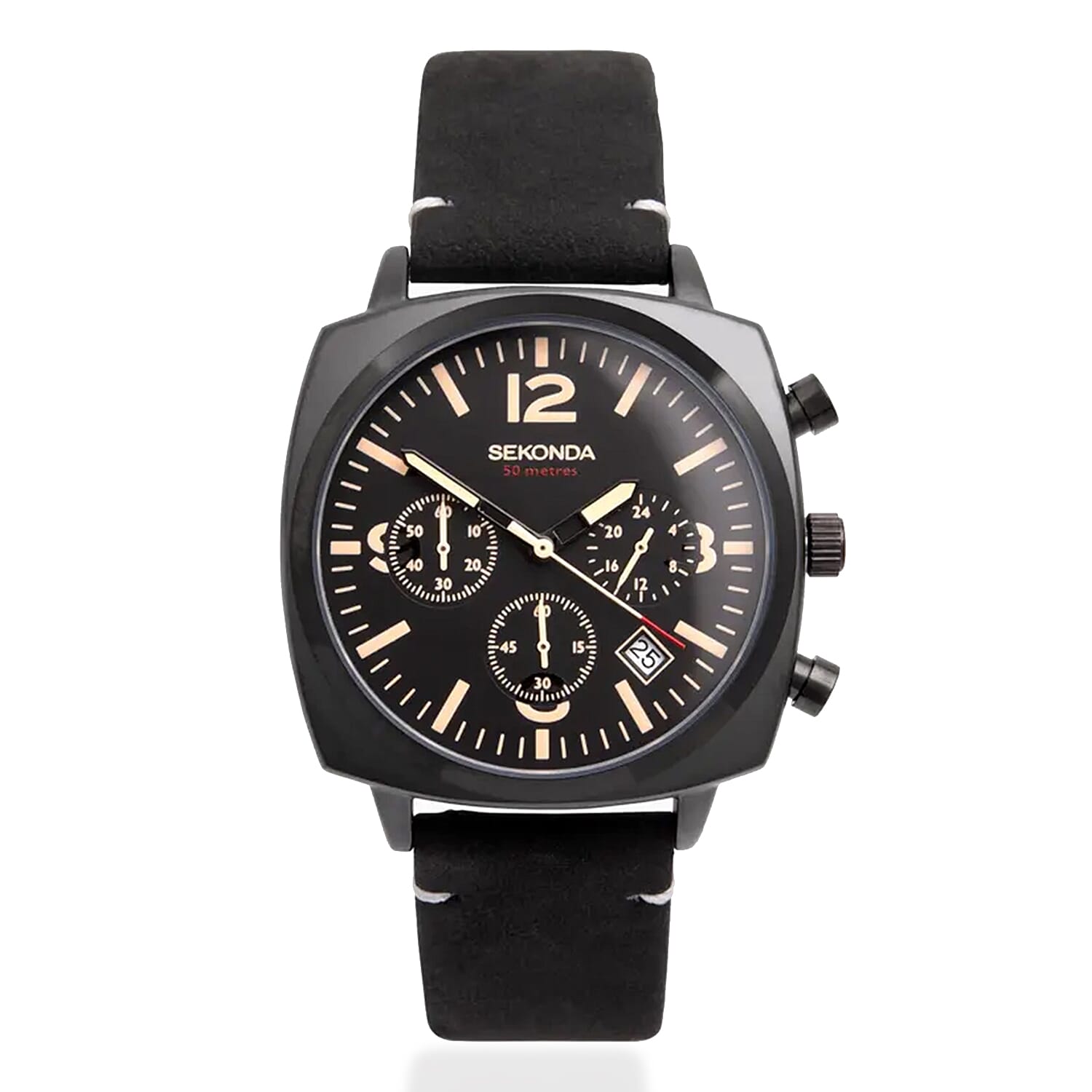 SEKONDA Airborne Quartz Movt. 5ATM WR Black Dial - Black Case Mens Watch with Black Leather Strap