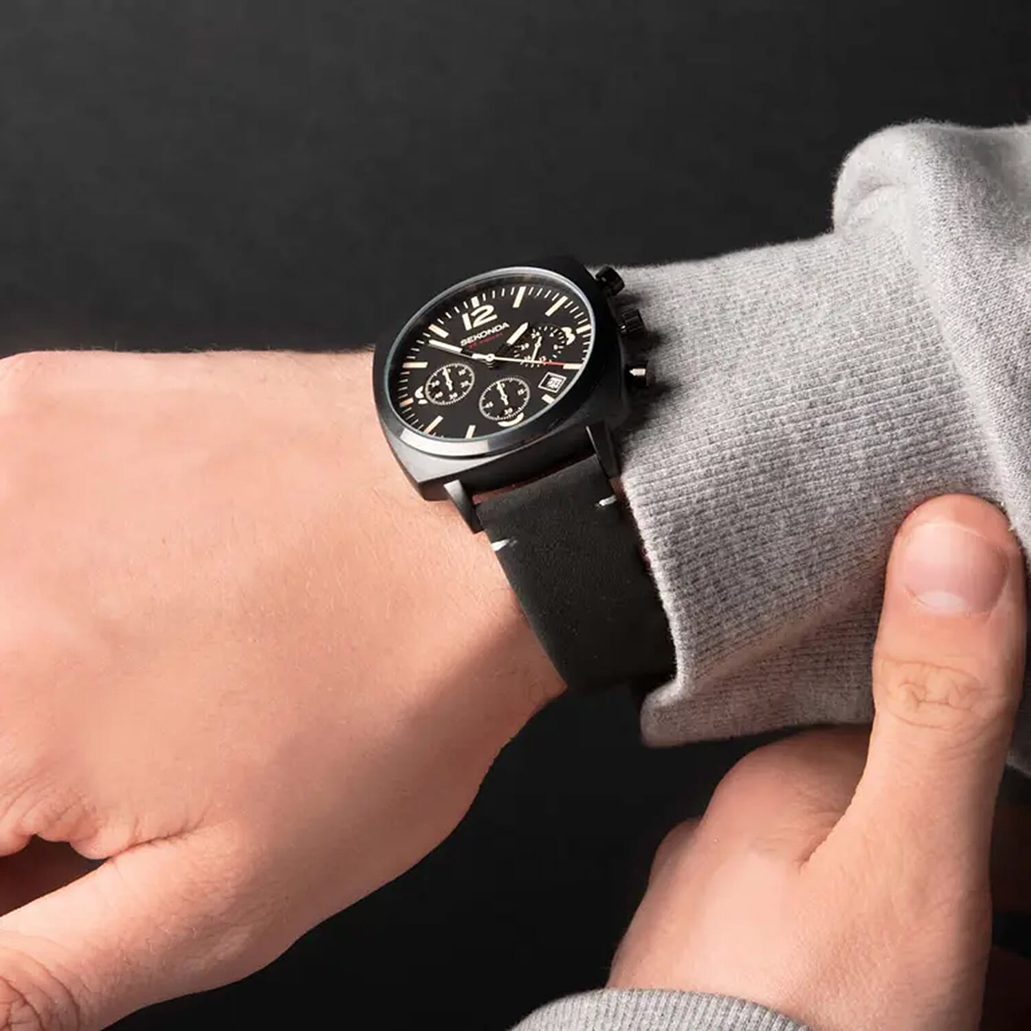SEKONDA Airborne Quartz Movt. 5ATM WR Black Dial - Black Case Mens Watch with Black Leather Strap
