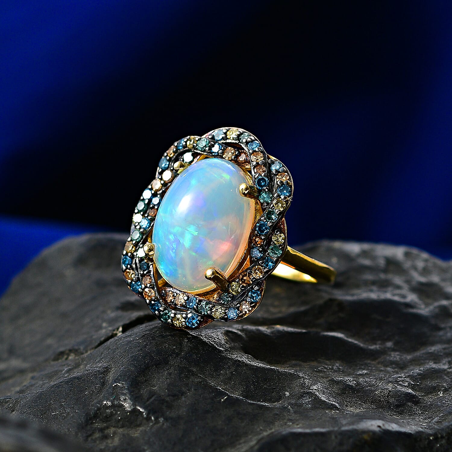 Luxuriant - AAA Ethiopian Opal & SI-G-H Lab Grown Multi Diamond Cluster Halo Ring in 18K Vermeil Yellow Gold Plated Sterling Silver 4.48 Ct.