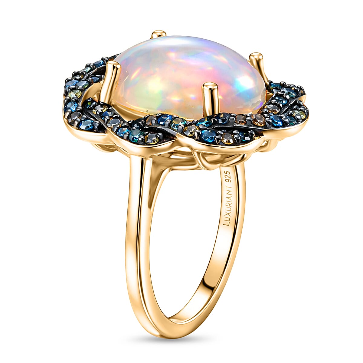 Luxuriant - AAA Ethiopian Opal & SI-G-H Lab Grown Multi Diamond Cluster Halo Ring in 18K Vermeil Yellow Gold Plated Sterling Silver 4.48 Ct.