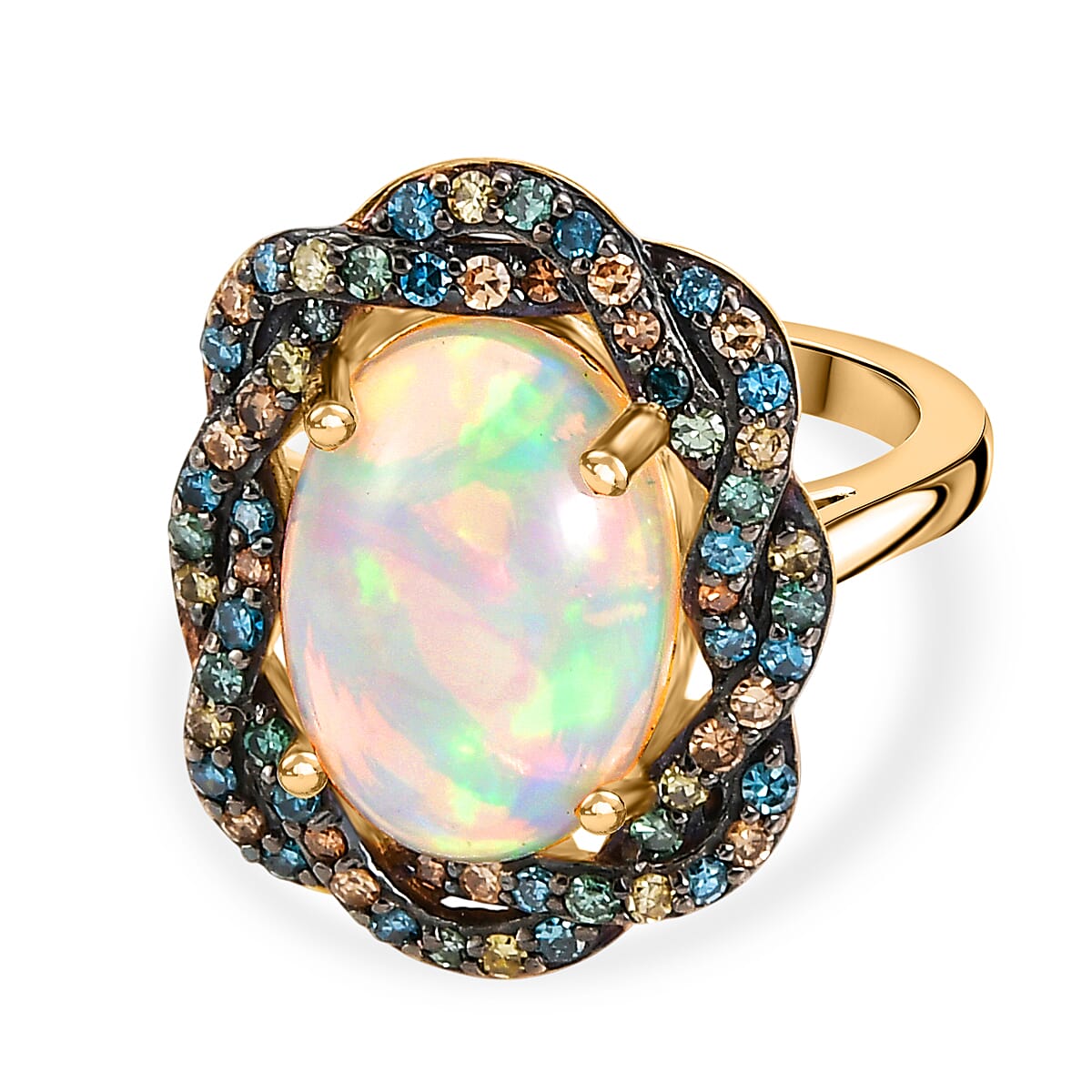 AAA Ethiopian Opal & SI-G-H Lab Grown Multi Diamond Cluster Halo Ring in 18K Vermeil Yellow Gold Plated Sterling Silver 4.50 Ct.