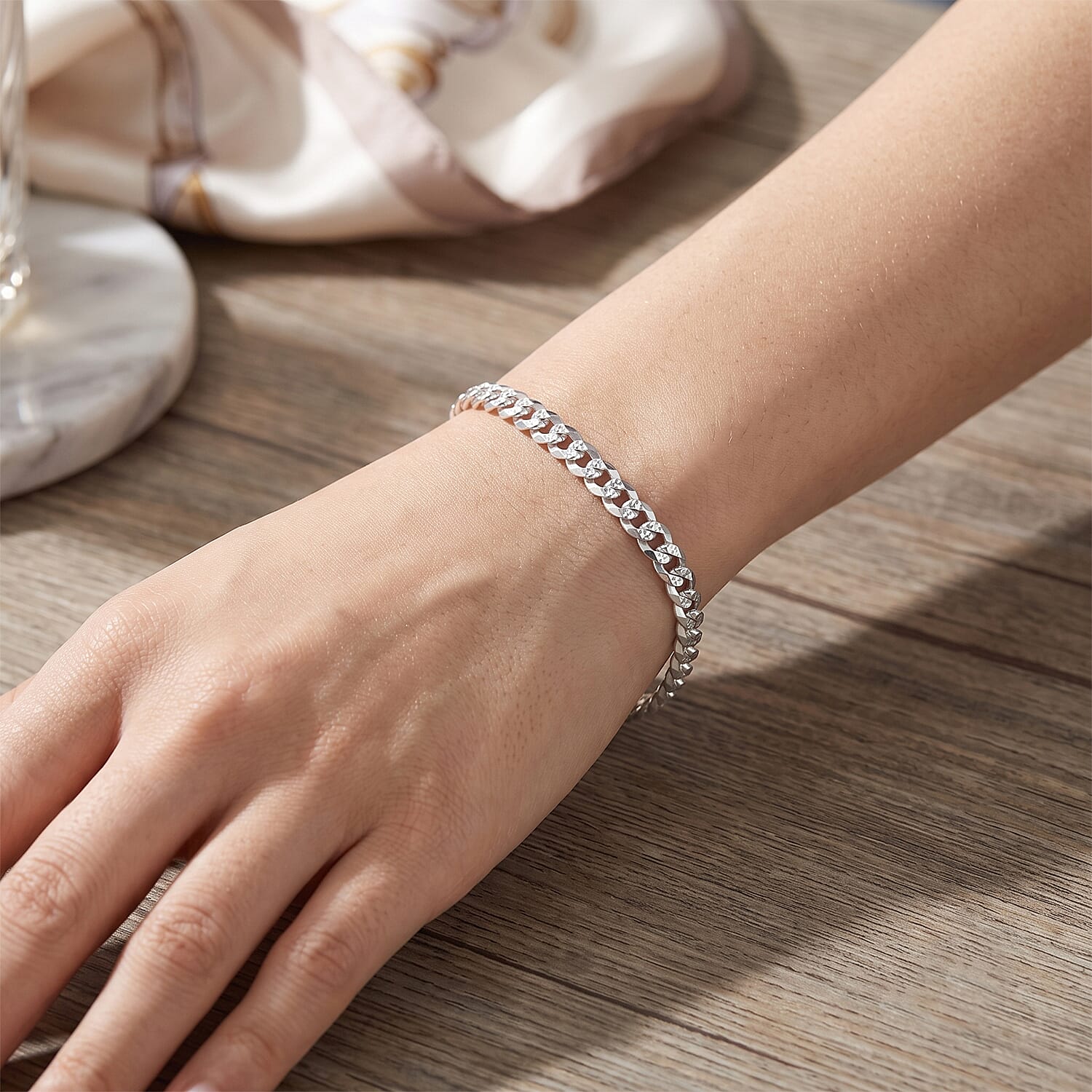 Italian Made - Sterling Silver Pyramid Pave Curb Bracelet (Size - 7.5) with Lobster Clasp