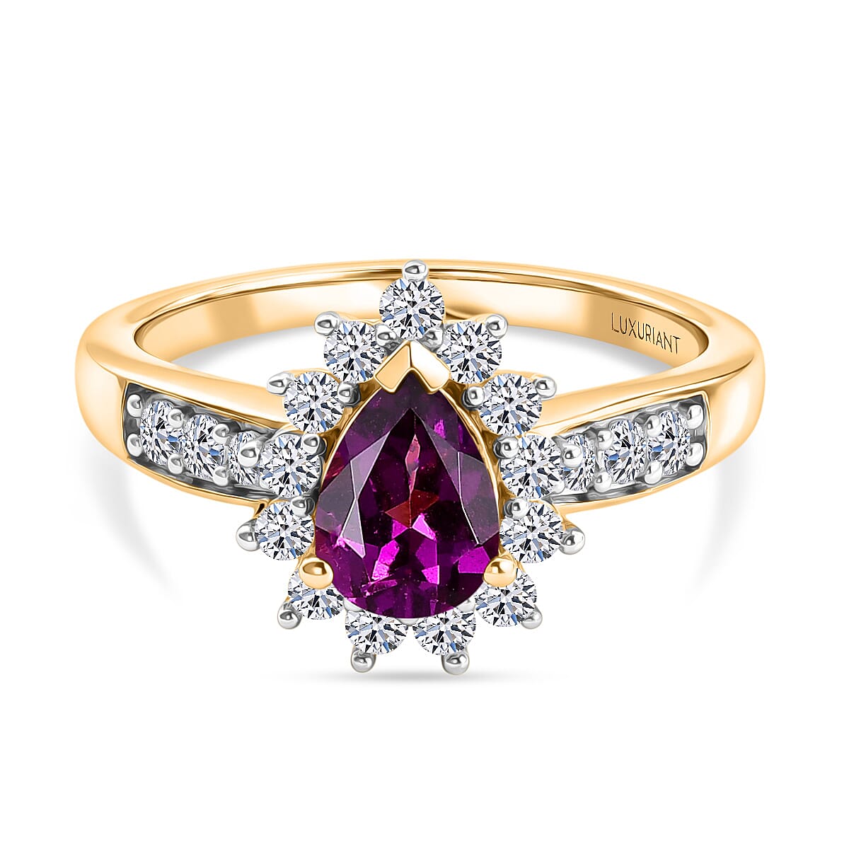 Luxuriant - Natural Radiant Ember Garnet & Lab Grown Diamond (SI-G-H) Pear Cut Halo Ring in 18K Vermeil Yellow Gold Plated Sterling Silver 1.22 Ct.