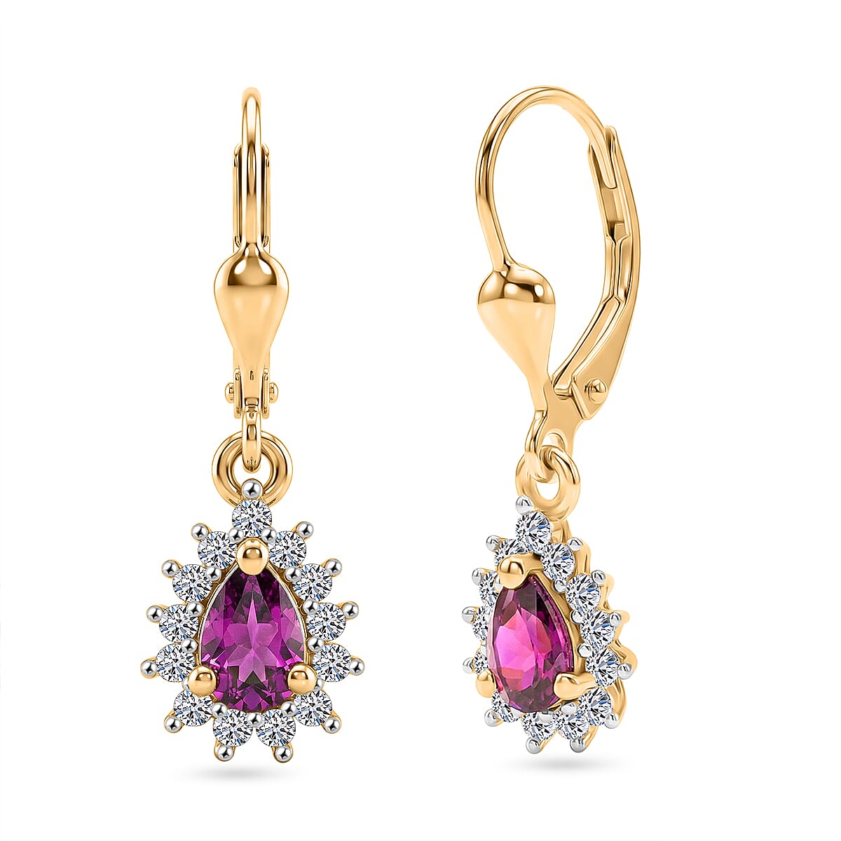 Luxuriant - AAA Purple Garnet & Lab Grown Diamond (SI-G-H) Halo Dangling Earring with Lever Back in 18K Vermeil Yellow Gold Plated Sterling Silver 1.10 Ct.