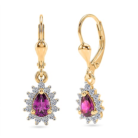 Luxuriant - AAA Purple Garnet & Lab Grown Diamond (SI-G-H) Halo Dangling Earring with Lever Back in 18K Vermeil Yellow Gold Plated Sterling Silver 1.10 Ct.