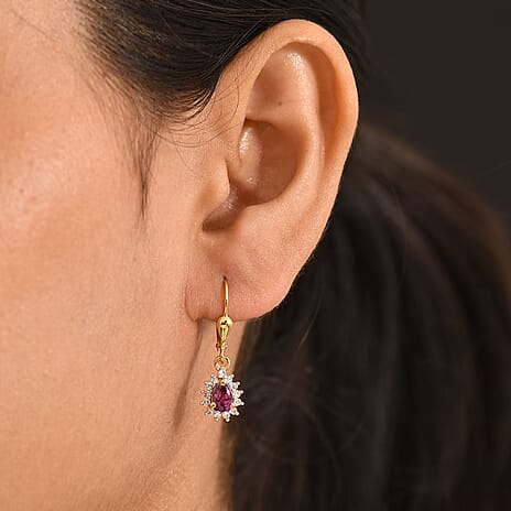 Luxuriant - AAA Purple Garnet & Lab Grown Diamond (SI-G-H) Halo Dangling Earring with Lever Back in 18K Vermeil Yellow Gold Plated Sterling Silver 1.10 Ct.