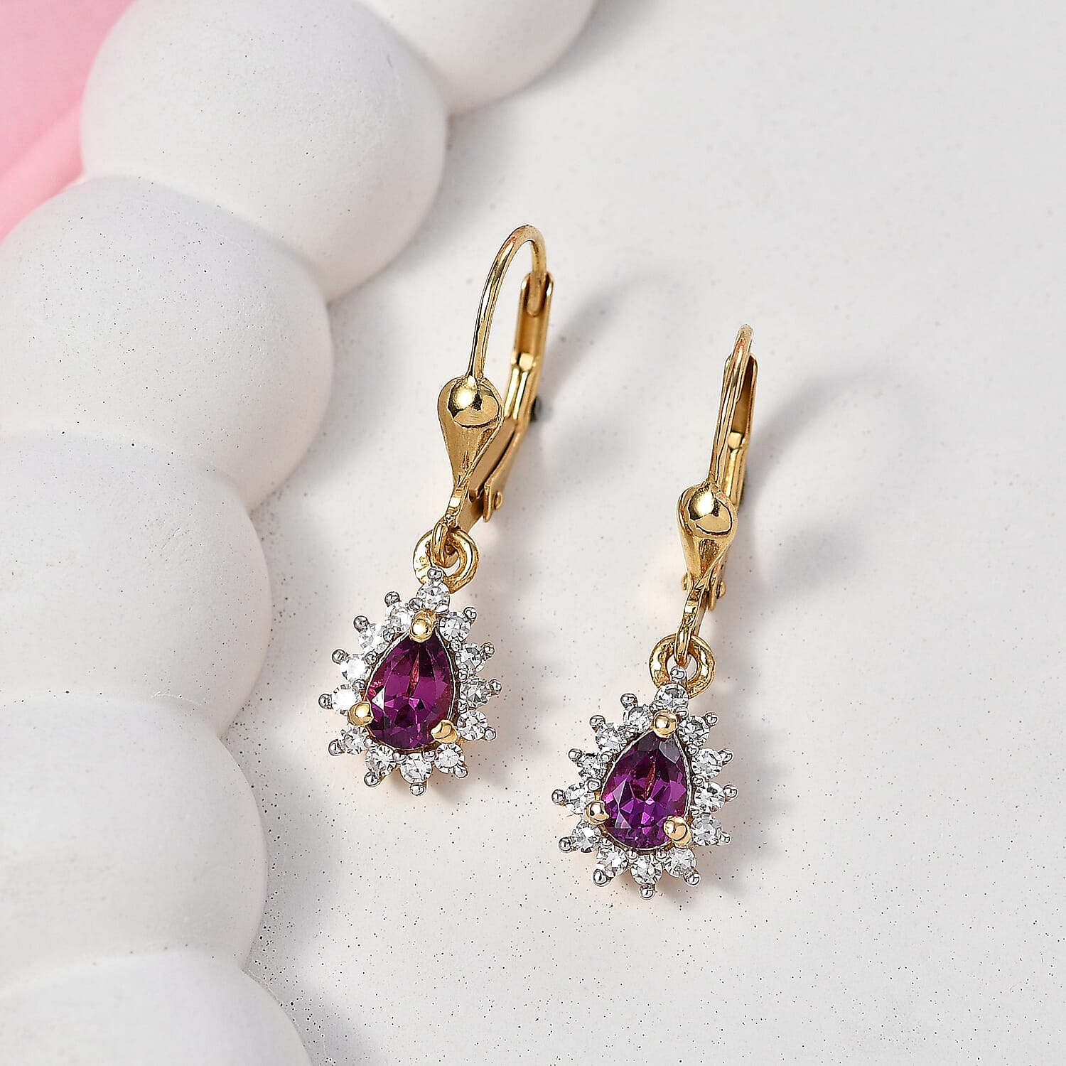 Luxuriant - AAA Purple Garnet & Lab Grown Diamond (SI-G-H) Halo Dangling Earring with Lever Back in 18K Vermeil Yellow Gold Plated Sterling Silver 1.10 Ct.