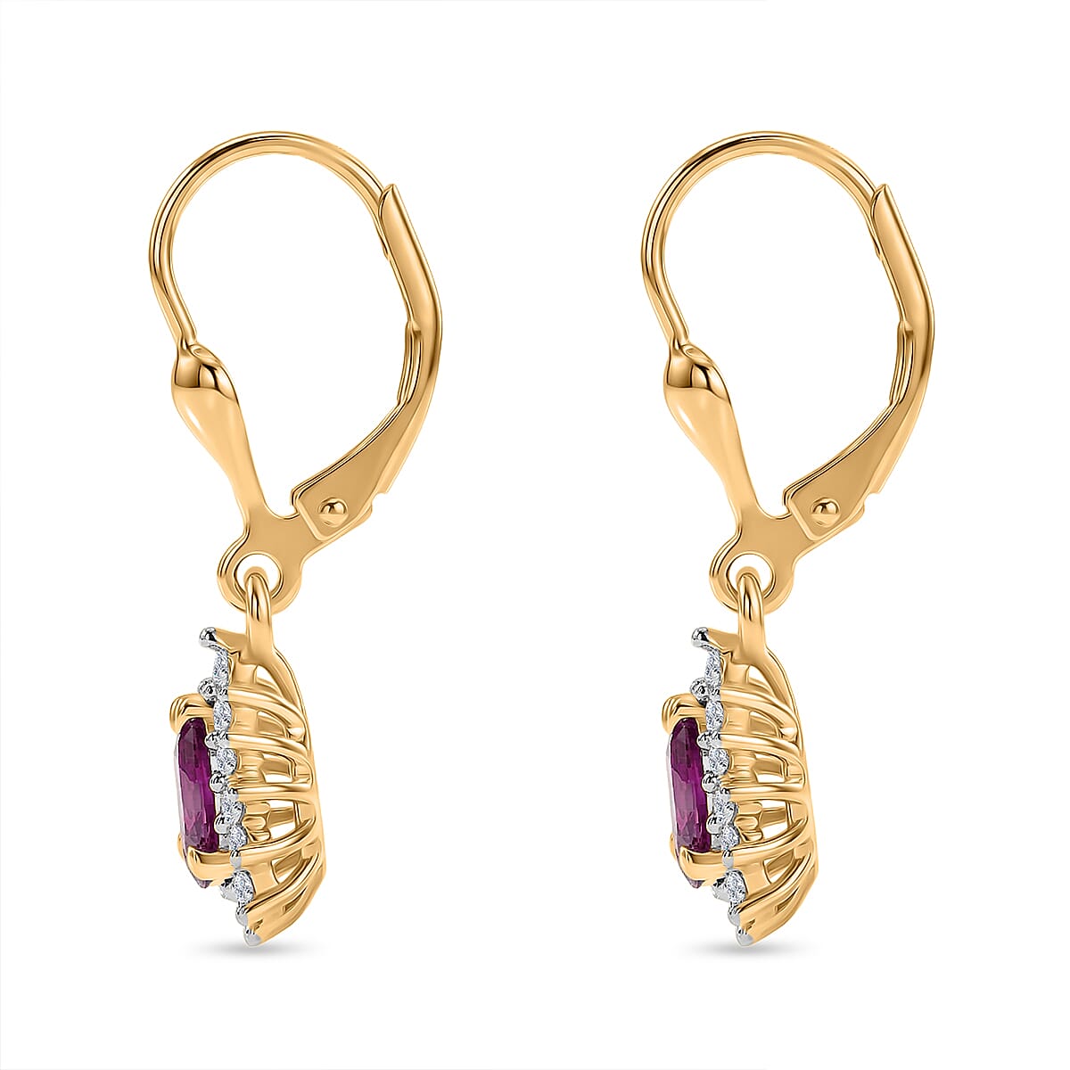 Luxuriant - AAA Purple Garnet & Lab Grown Diamond (SI-G-H) Halo Dangling Earring with Lever Back in 18K Vermeil Yellow Gold Plated Sterling Silver 1.10 Ct.