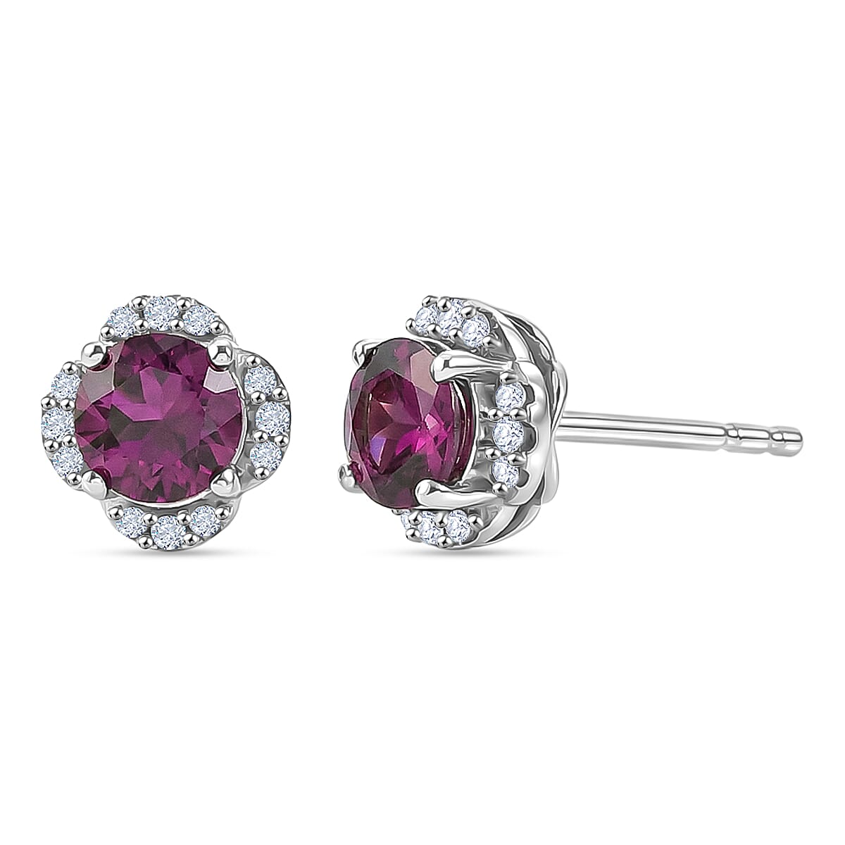 D'Joy - AAA Purple Garnet & White Zircon Halo Stud Push Post Earring in Rhodium Overlay Sterling Silver 1.40 Ct.