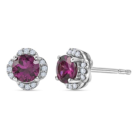 D'Joy - AAA Purple Garnet & White Zircon Halo Stud Push Post Earring in Rhodium Overlay Sterling Silver 1.40 Ct.