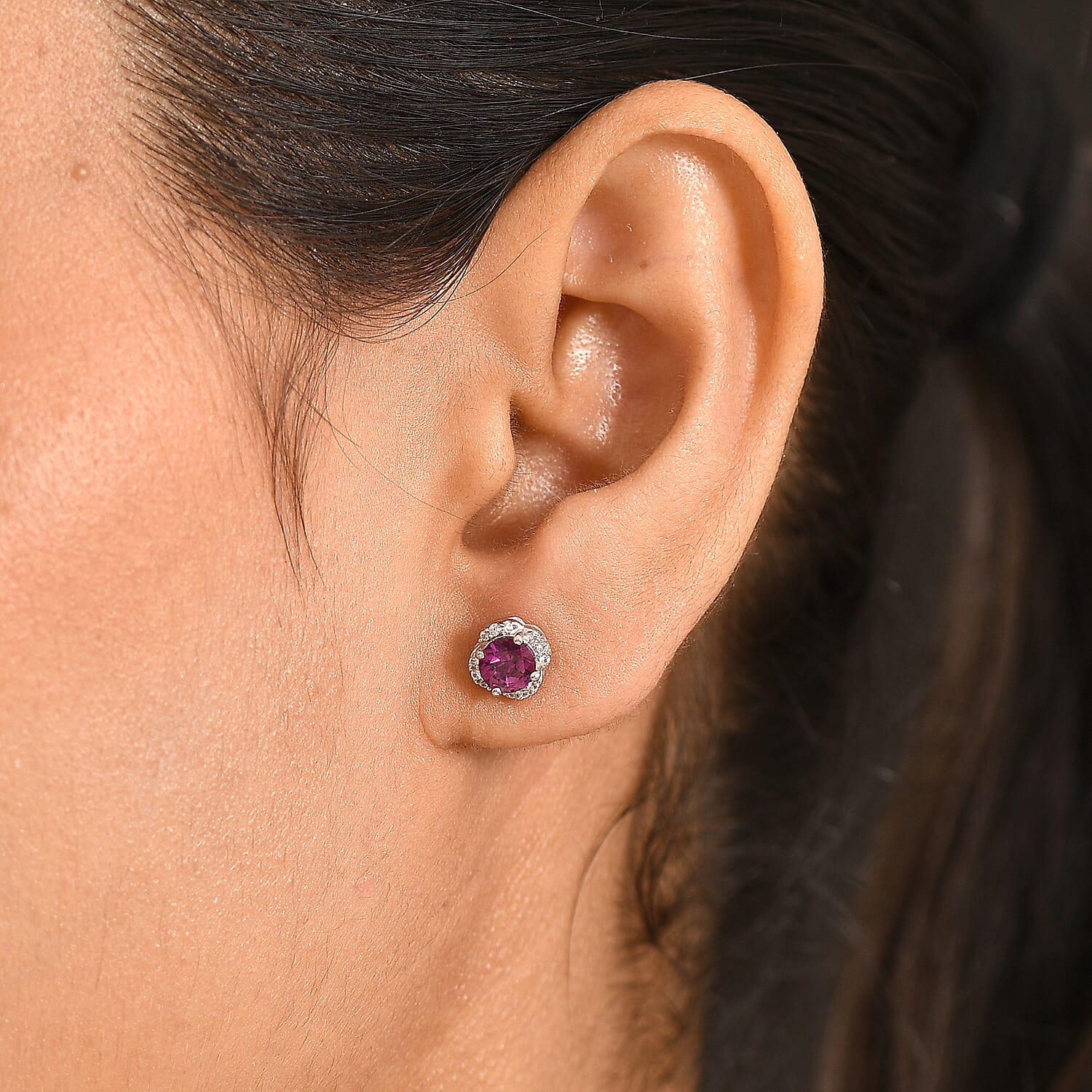 D'Joy - AAA Purple Garnet & White Zircon Halo Stud Push Post Earring in Rhodium Overlay Sterling Silver 1.40 Ct.