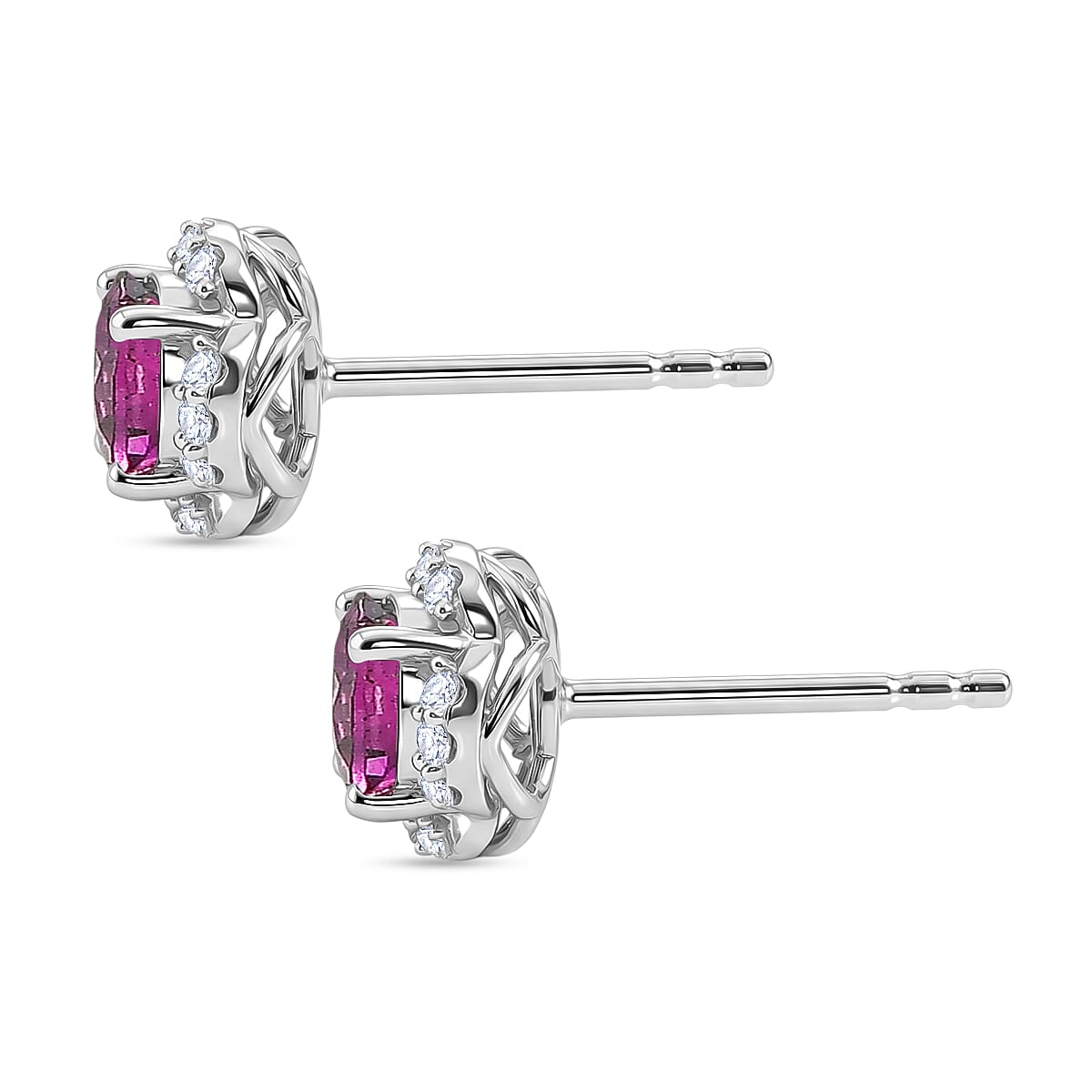 D'Joy - AAA Purple Garnet & White Zircon Halo Stud Push Post Earring in Rhodium Overlay Sterling Silver 1.40 Ct.