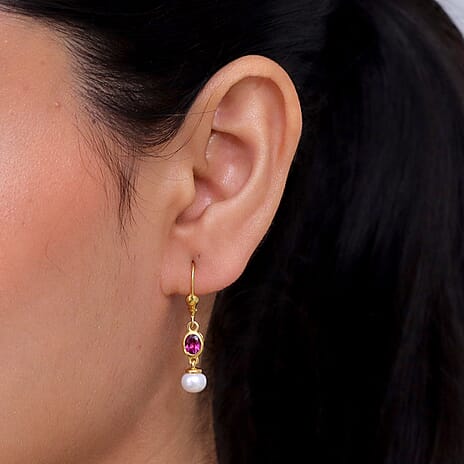 D'Joy - Natural Radiant Ember Garnet & Fresh Water Pearl Lever Back Earring in Yellow Gold Plated Sterling Silver 3.80 Ct.