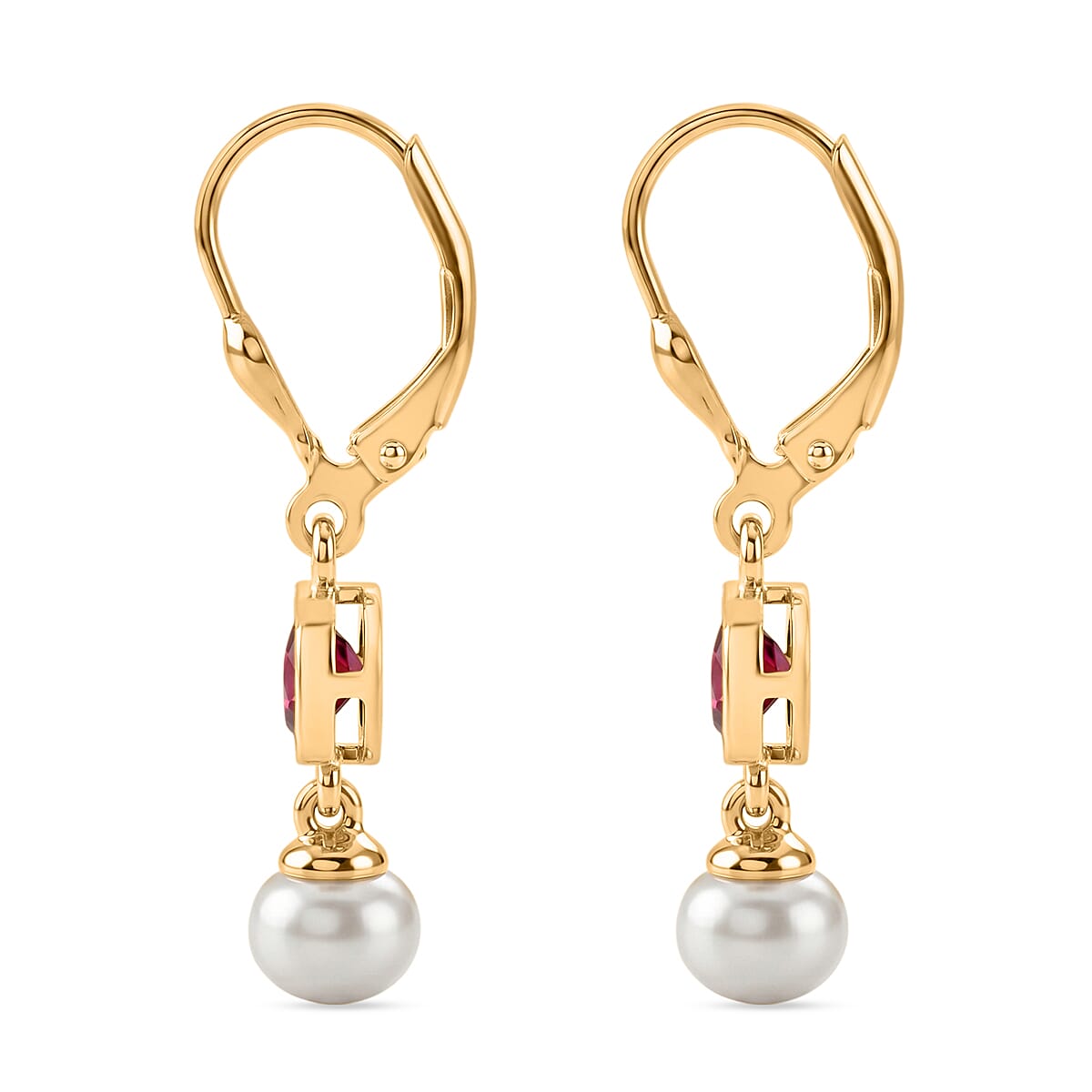 D'Joy - Radiant Ember Garnet & Fresh Water Pearl Solitaire Lever Back Earring in Yellow Gold Plated Sterling Silver 3.80 Ct.