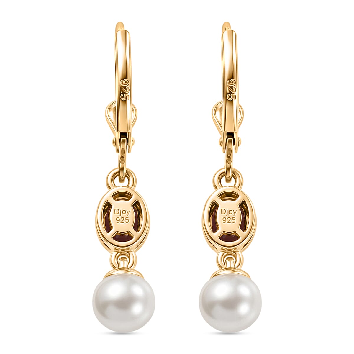 D'Joy - Radiant Ember Garnet & Fresh Water Pearl Solitaire Lever Back Earring in Yellow Gold Plated Sterling Silver 3.80 Ct.