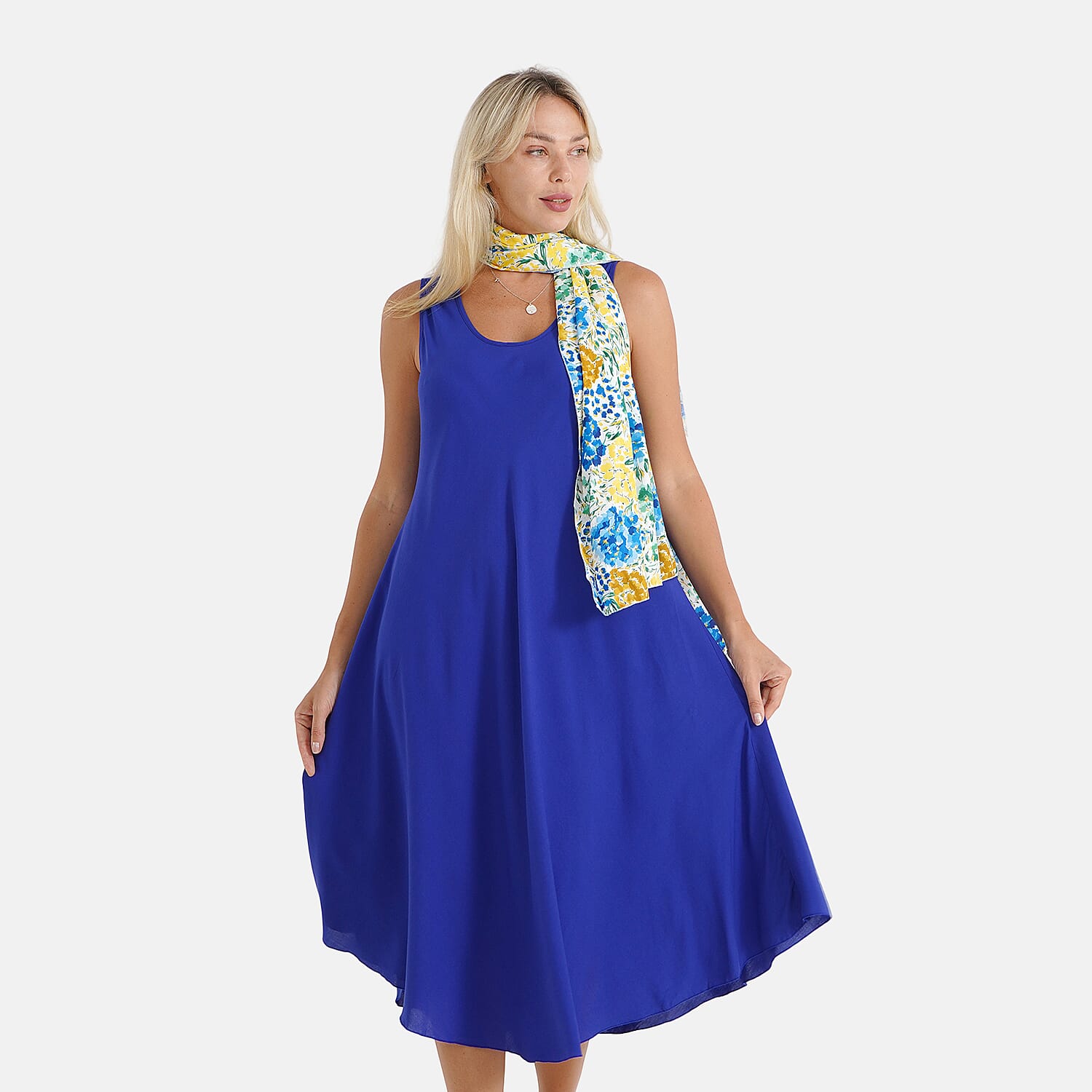 La Marey Womens 2-Piece Royal Blue Umbrella Dress with Multicolour Print Scarf (One Size)