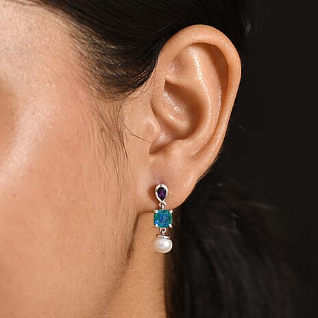 D'Joy - Peacock Triplet Quartz, Fresh Water Pearl & African Amethyst Dangling Earring with Push Post in Platinum Overlay Sterling Silver 6.25 Ct.