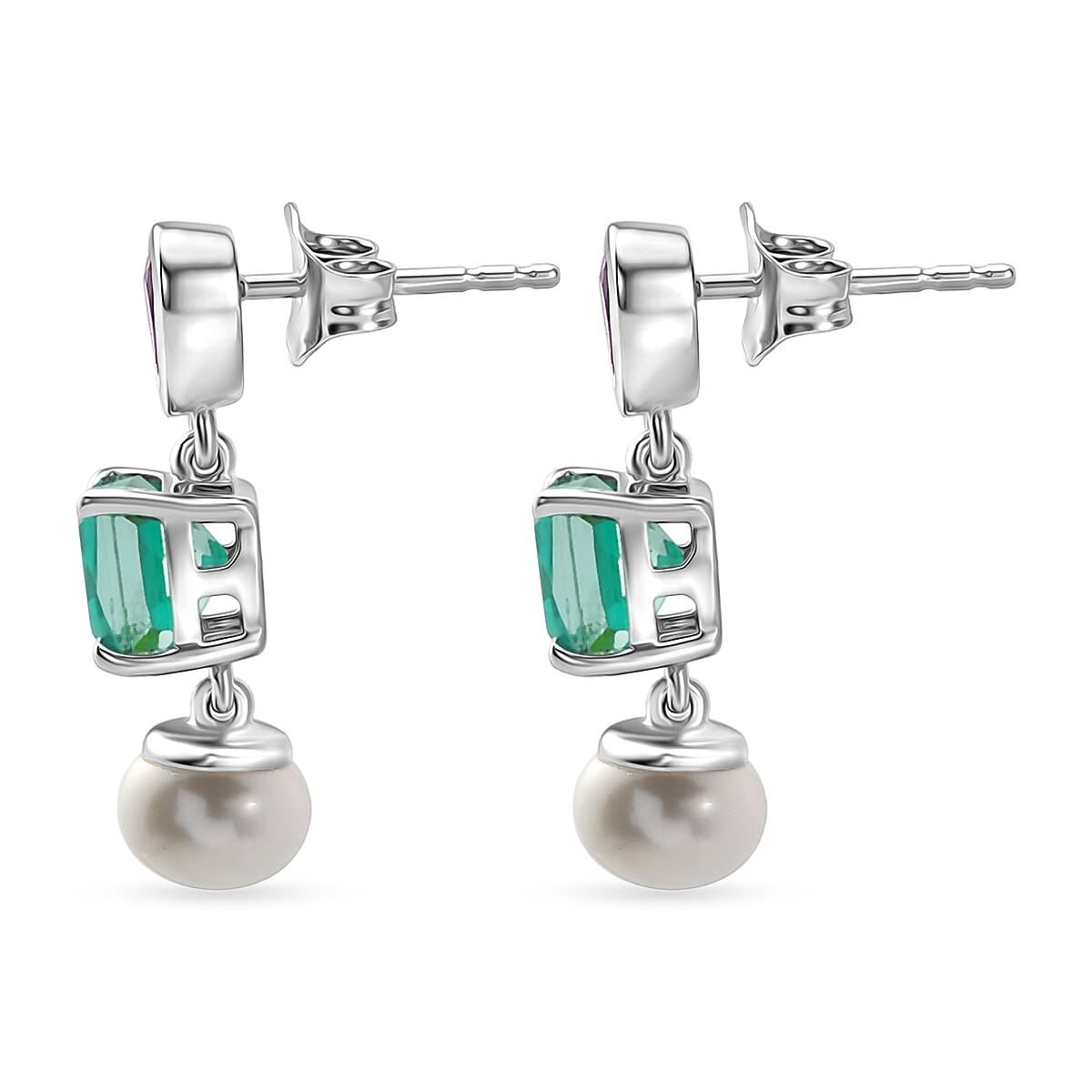 D'Joy - Peacock Triplet Quartz, Fresh Water Pearl & African Amethyst Dangling Earring with Push Post in Platinum Overlay Sterling Silver 6.25 Ct.