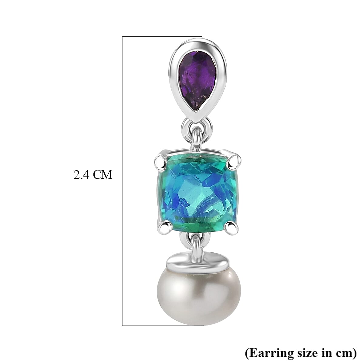 D'Joy - Peacock Triplet Quartz, Fresh Water Pearl & African Amethyst Dangling Earring with Push Post in Platinum Overlay Sterling Silver 6.25 Ct.