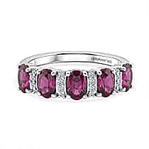 Luxuriant - Natural Radiant Ember Garnet & Lab Grown Diamond (SI-G-H) 5 Stone Ring in Rhodium Overlay Sterling Silver 1.54 Ct.