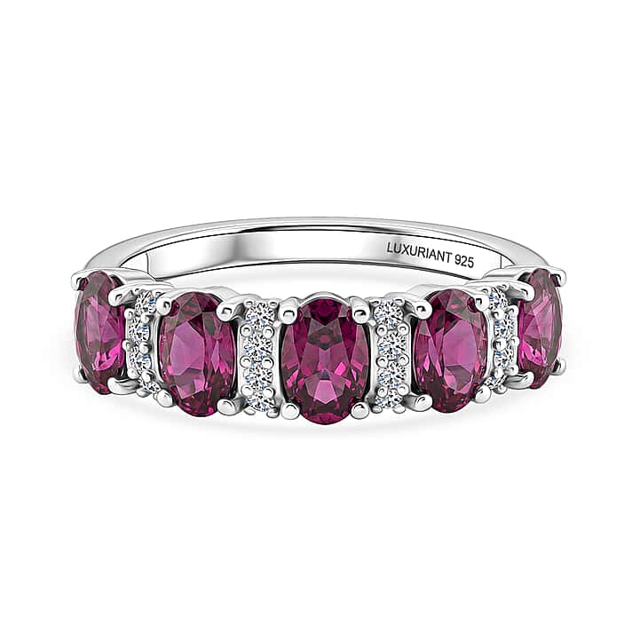 Luxuriant - Natural Radiant Ember Garnet & Lab Grown Diamond (SI-G-H) 5 Stone Ring in Rhodium Overlay Sterling Silver 1.54 Ct.
