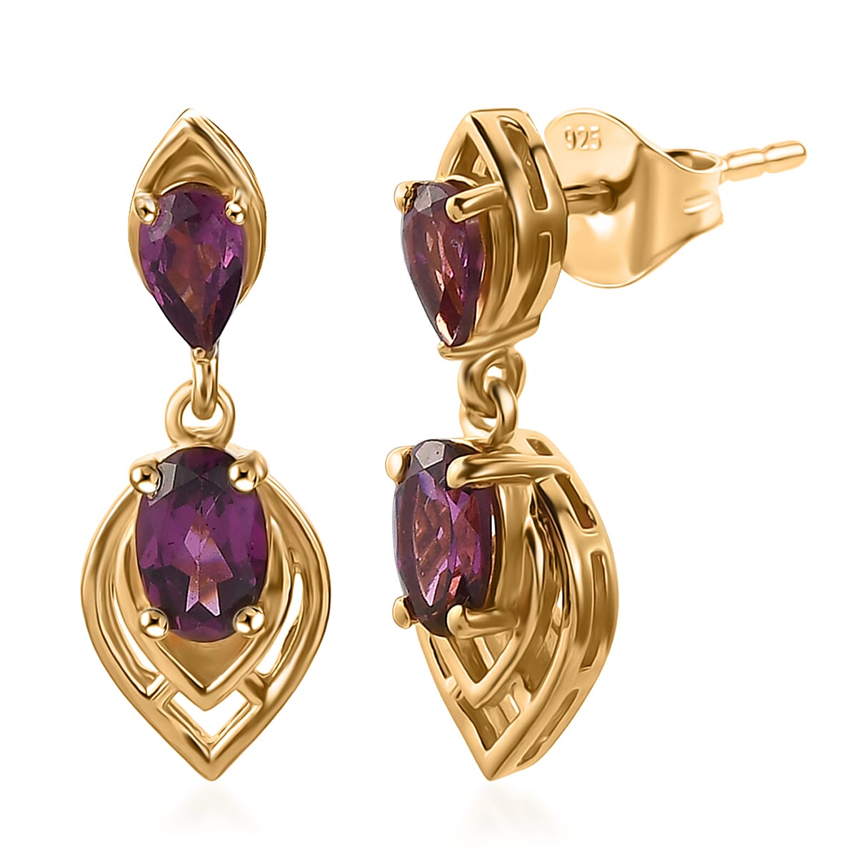D'Joy - Radiant Ember Garnet Dangling Earring with Push Post in Yellow Gold Plated Sterling Silver 1.75 Ct.