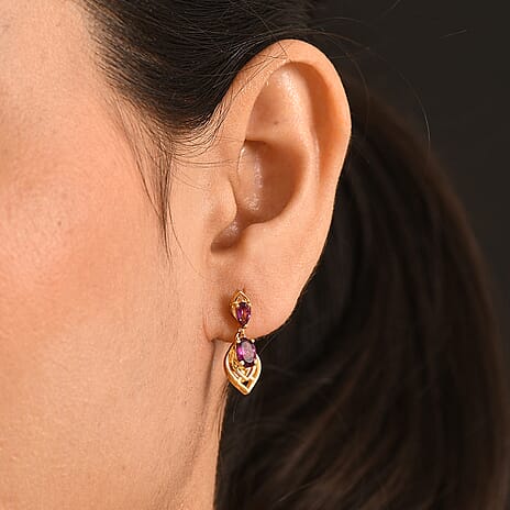 D'Joy - Natural Radiant Ember Garnet Dangling Earring with Push Post in Yellow Gold Plated Sterling Silver 1.75 Ct.