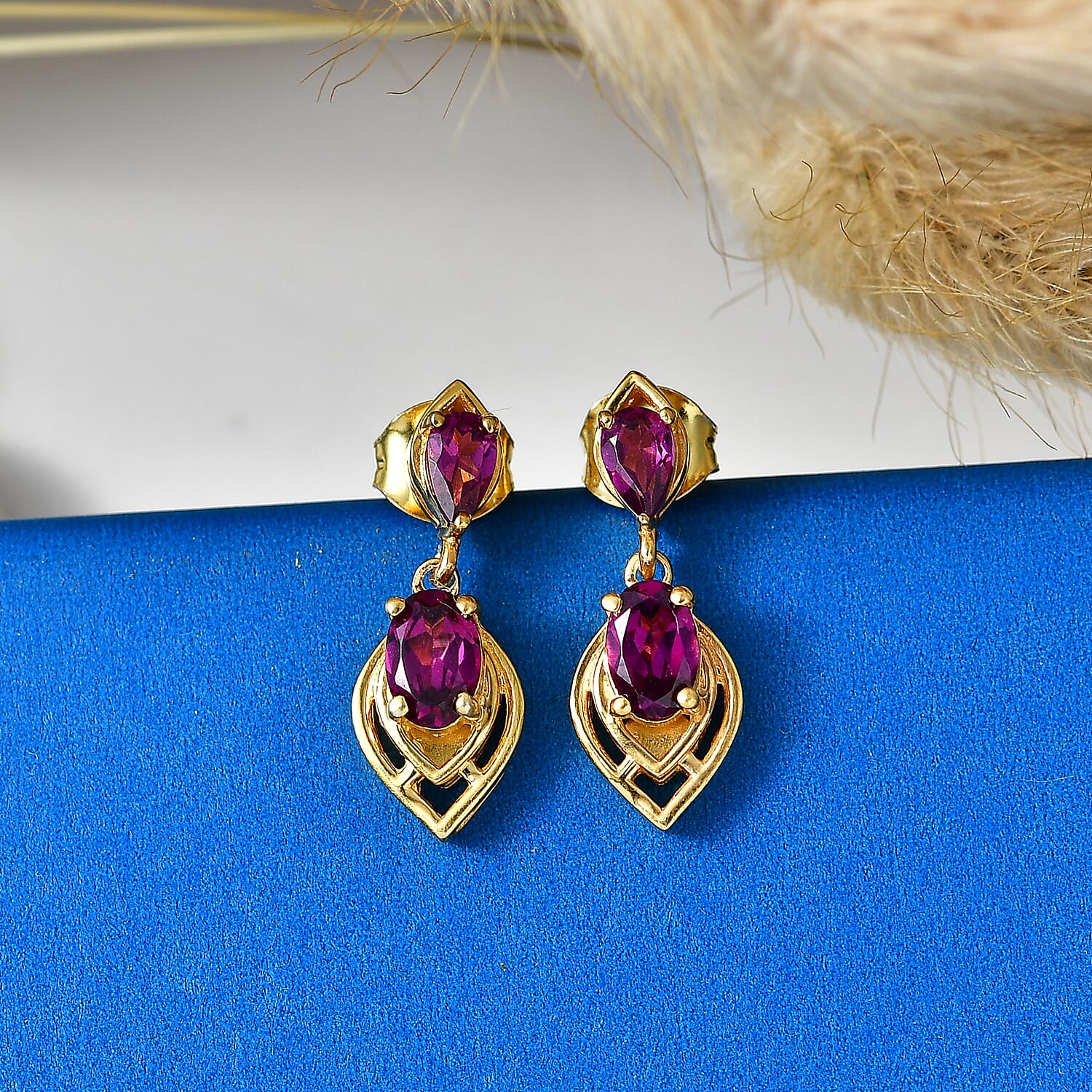D'Joy - Radiant Ember Garnet Dangling Earring with Push Post in Yellow Gold Plated Sterling Silver 1.75 Ct.