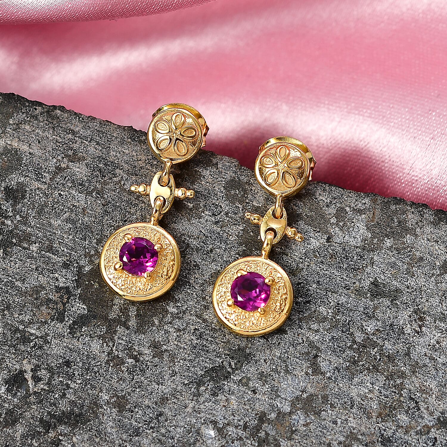 D'Joy - Radiant Ember Garnet Dangling Earring with Push Post in Yellow Gold Plated Sterling Silver