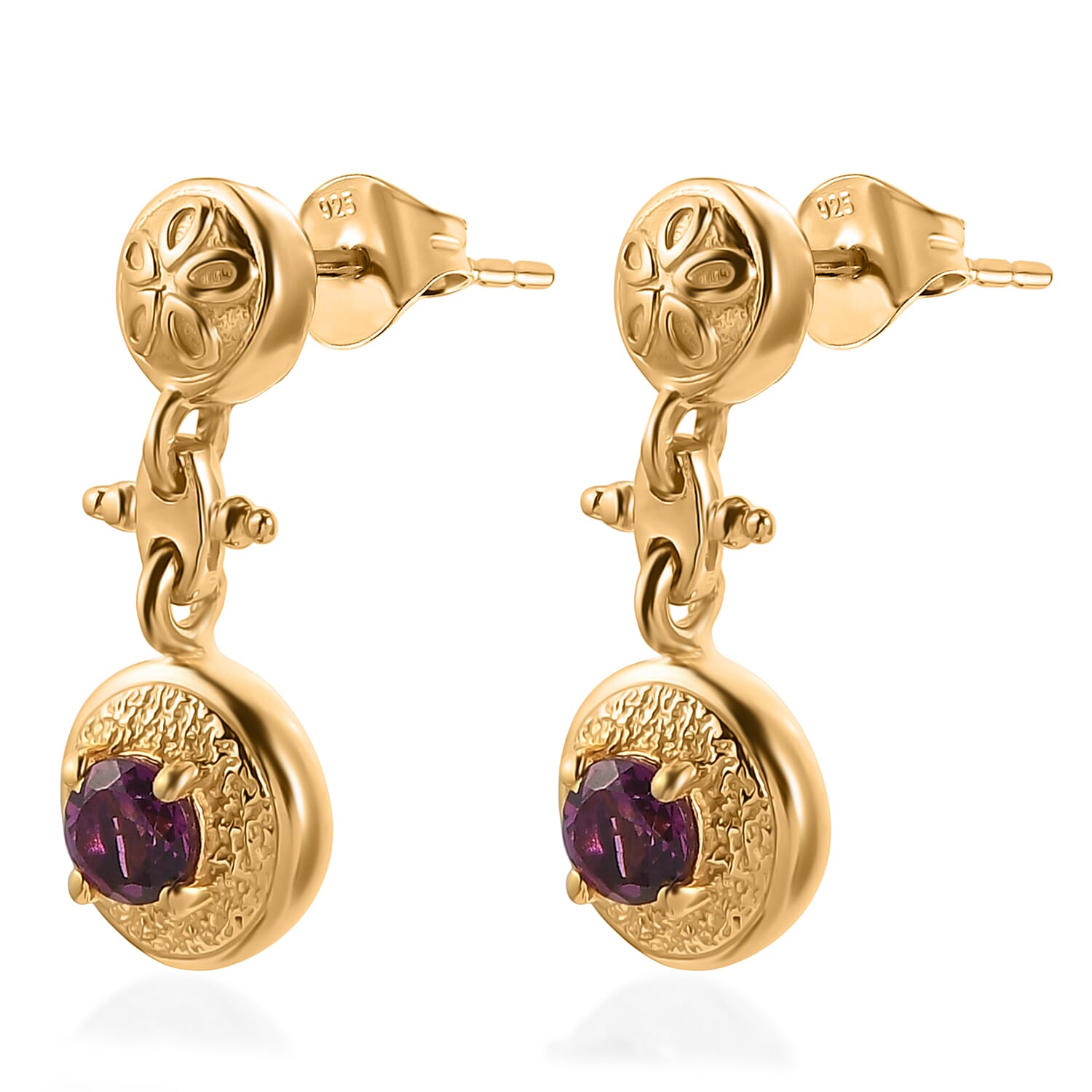 D'Joy - Radiant Ember Garnet Dangling Earring with Push Post in Yellow Gold Plated Sterling Silver