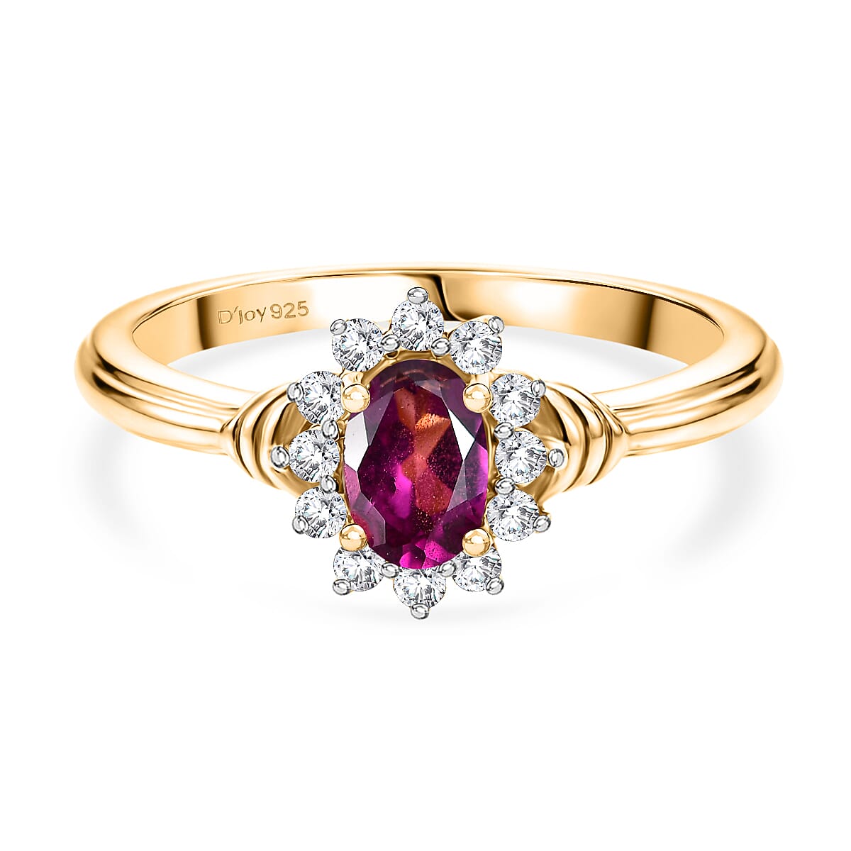 D'Joy - Natural Radiant Ember Garnet & White Zircon Halo Ring in Yellow Gold Plated Sterling Silver