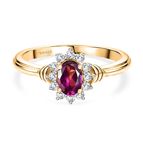 D'Joy - Natural Radiant Ember Garnet & White Zircon Halo Ring in Yellow Gold Plated Sterling Silver