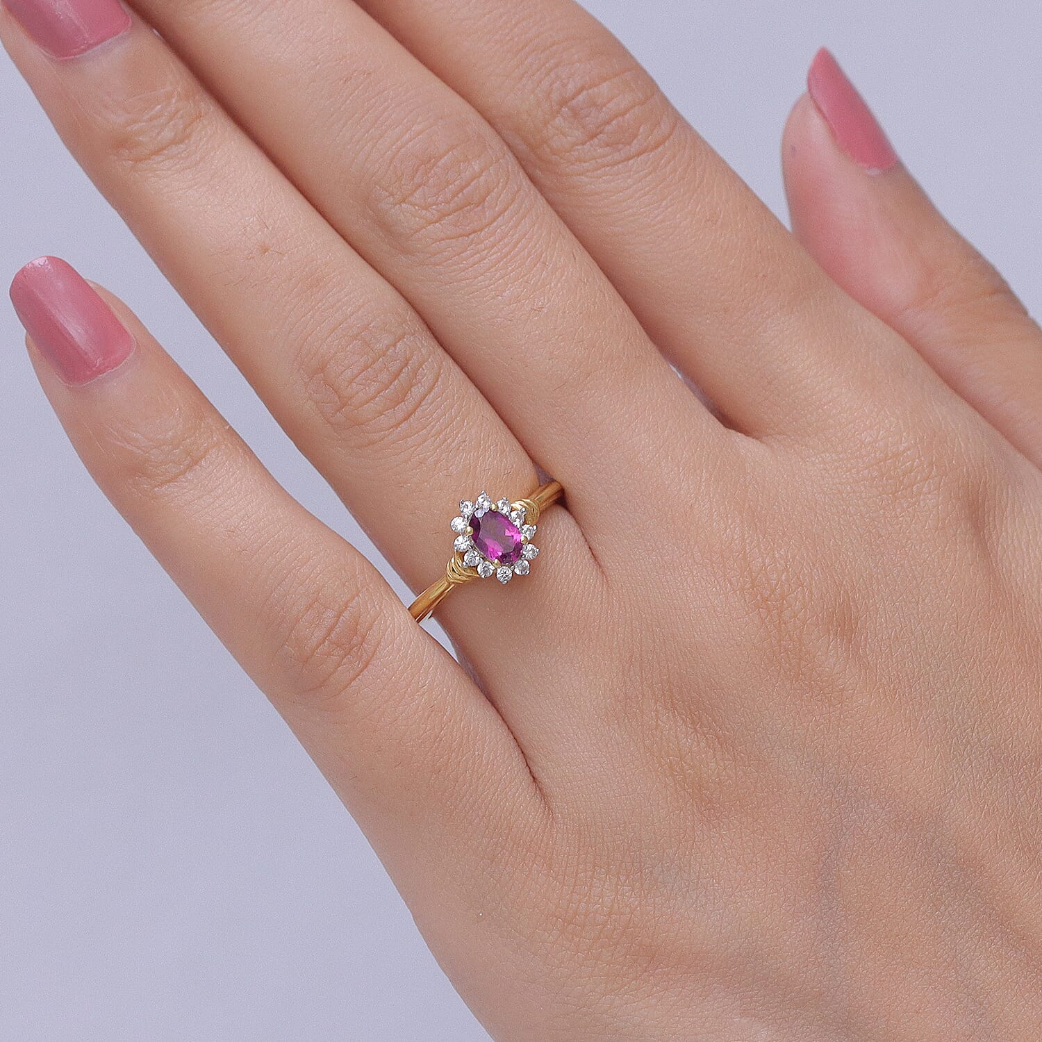 D'Joy - Natural Radiant Ember Garnet & White Zircon Halo Ring in Yellow Gold Plated Sterling Silver