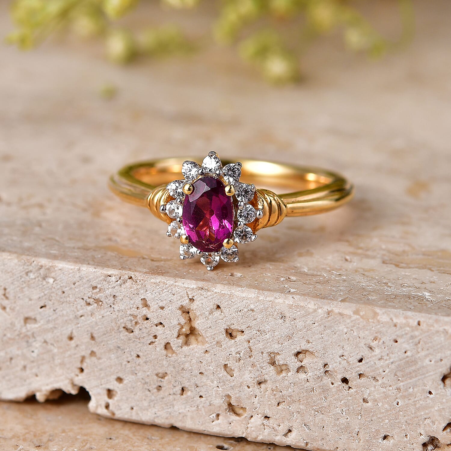 D'Joy - Natural Radiant Ember Garnet & White Zircon Halo Ring in Yellow Gold Plated Sterling Silver