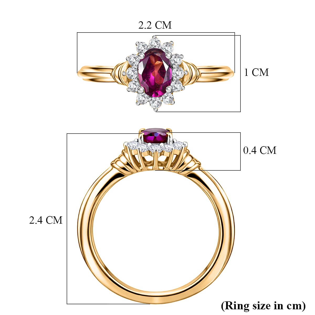 D'Joy - Natural Radiant Ember Garnet & White Zircon Halo Ring in Yellow Gold Plated Sterling Silver