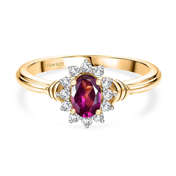 D'Joy - Natural Radiant Ember Garnet & White Zircon Halo Ring in Yellow Gold Plated Sterling Silver