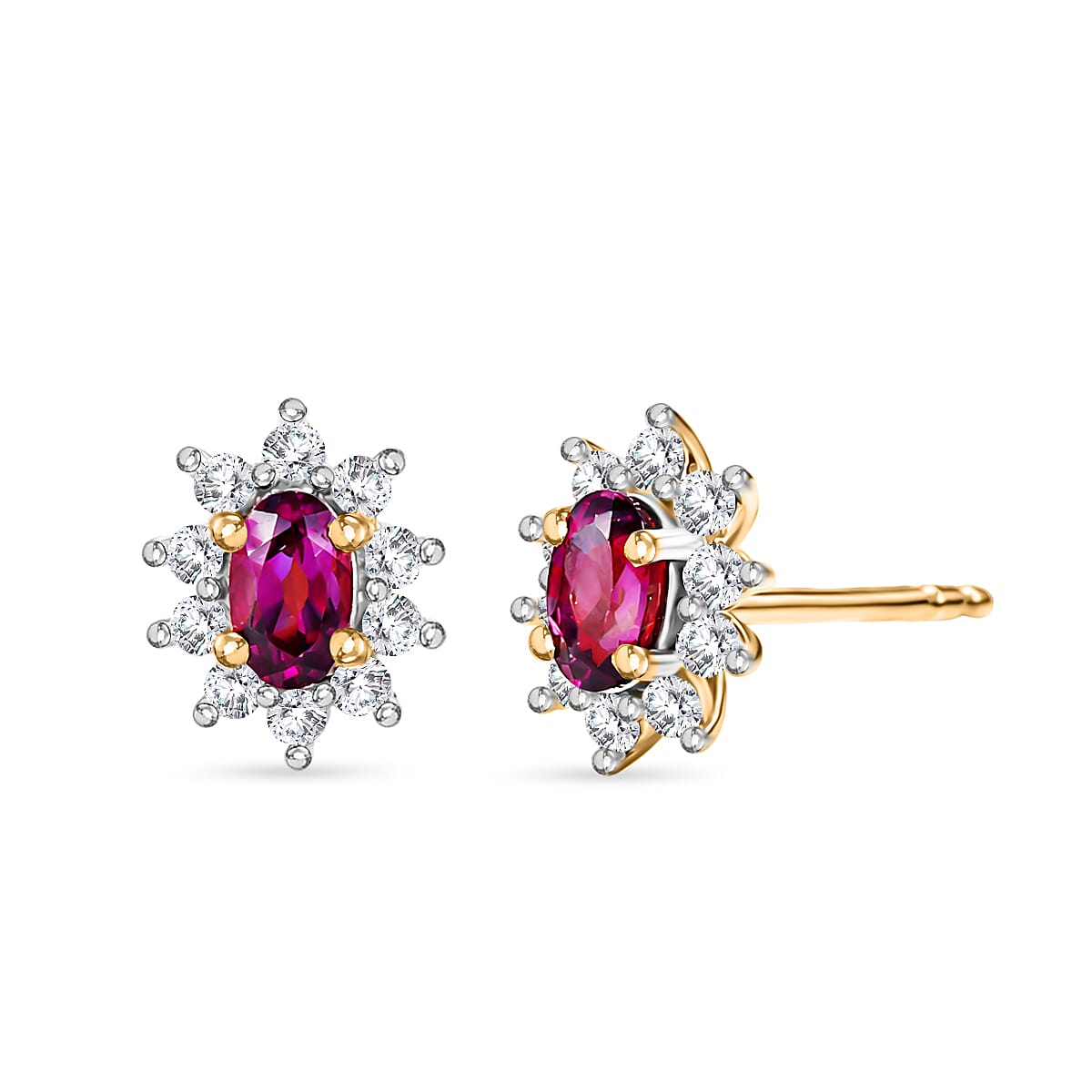 D'Joy - Natural Radiant Ember Garnet & White Zircon Stud Push Post Halo Earring in Yellow Gold Plated Sterling Silver 1.00 Ct.