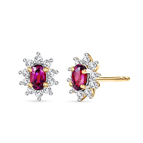 D'Joy - Natural Radiant Ember Garnet & White Zircon Stud Push Post Halo Earring in Yellow Gold Plated Sterling Silver 1.00 Ct.