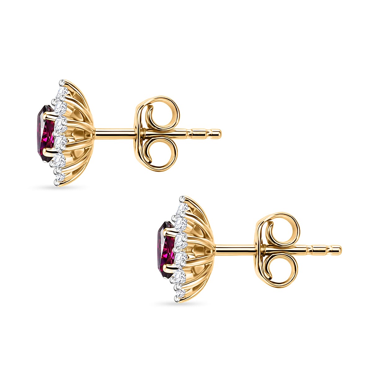 D'Joy - Natural Radiant Ember Garnet & White Zircon Stud Push Post Halo Earring in Yellow Gold Plated Sterling Silver 1.00 Ct.