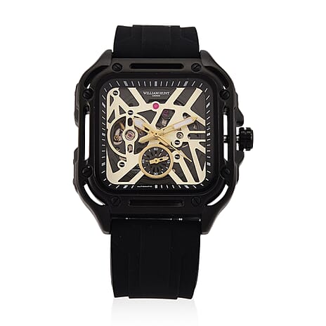 WILLIAM HUNT Automatic 3ATM WR Gold Hollow Dial & Black Case Watch with Black Silicone Strap