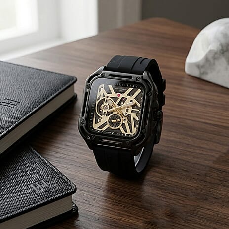 WILLIAM HUNT Automatic 3ATM WR Gold Hollow Dial & Black Case Watch with Black Silicone Strap