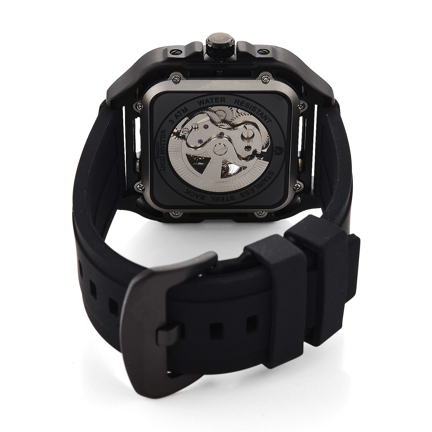 WILLIAM HUNT Automatic 3ATM WR Gold Hollow Dial & Black Case Watch with Black Silicone Strap