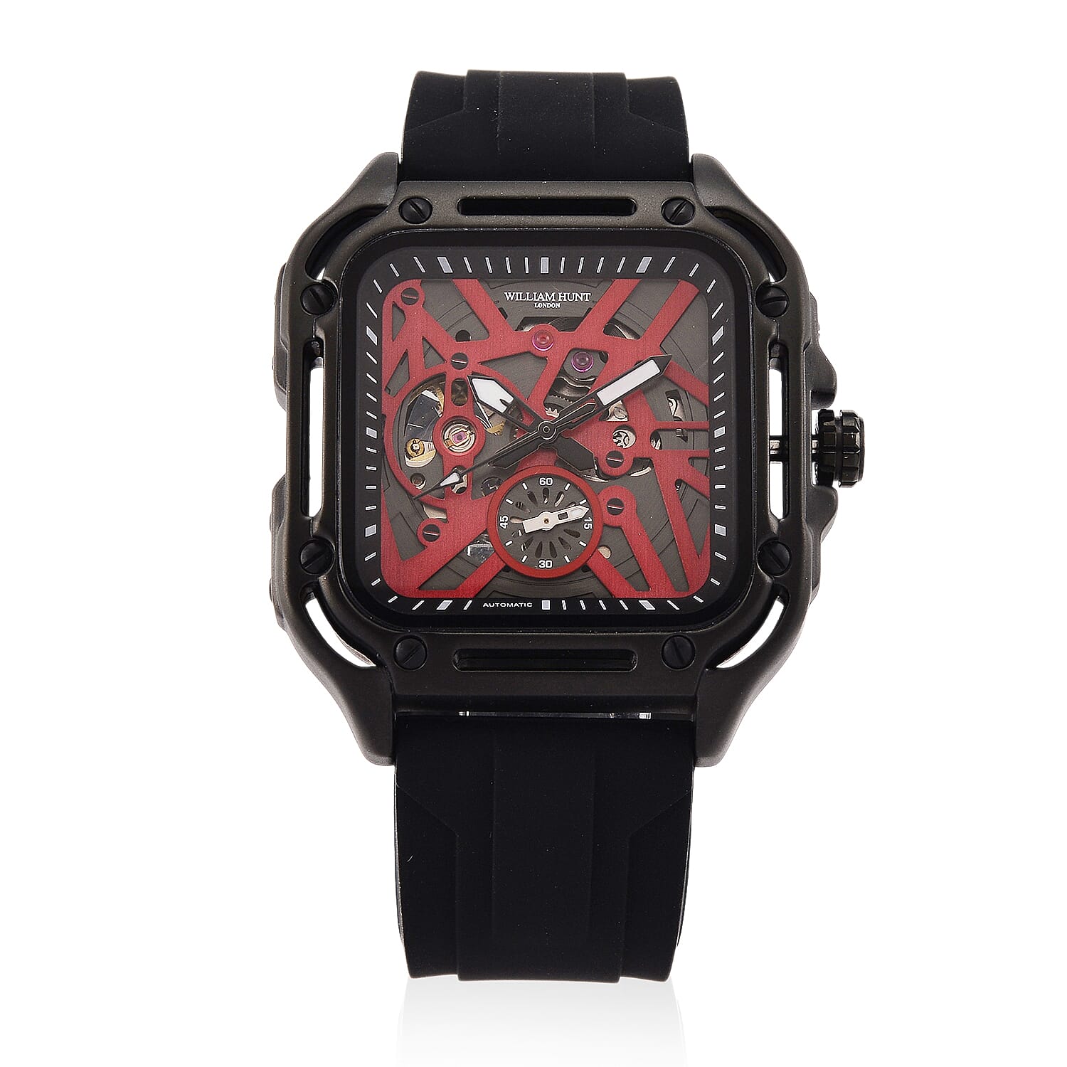 WILLIAM HUNT Automatic 3ATM WR Red Hollow Dial & Black Case Watch with Black Silicone Strap