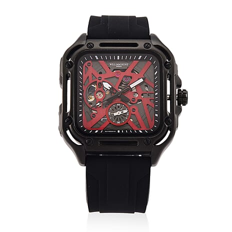 WILLIAM HUNT Automatic 3ATM WR Red Hollow Dial & Black Case Watch with Black Silicone Strap