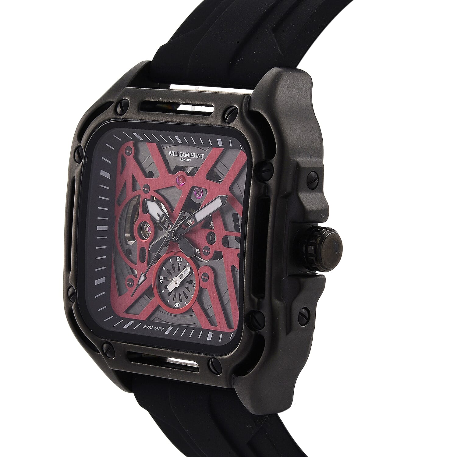WILLIAM HUNT Automatic 3ATM WR Red Hollow Dial & Black Case Watch with Black Silicone Strap